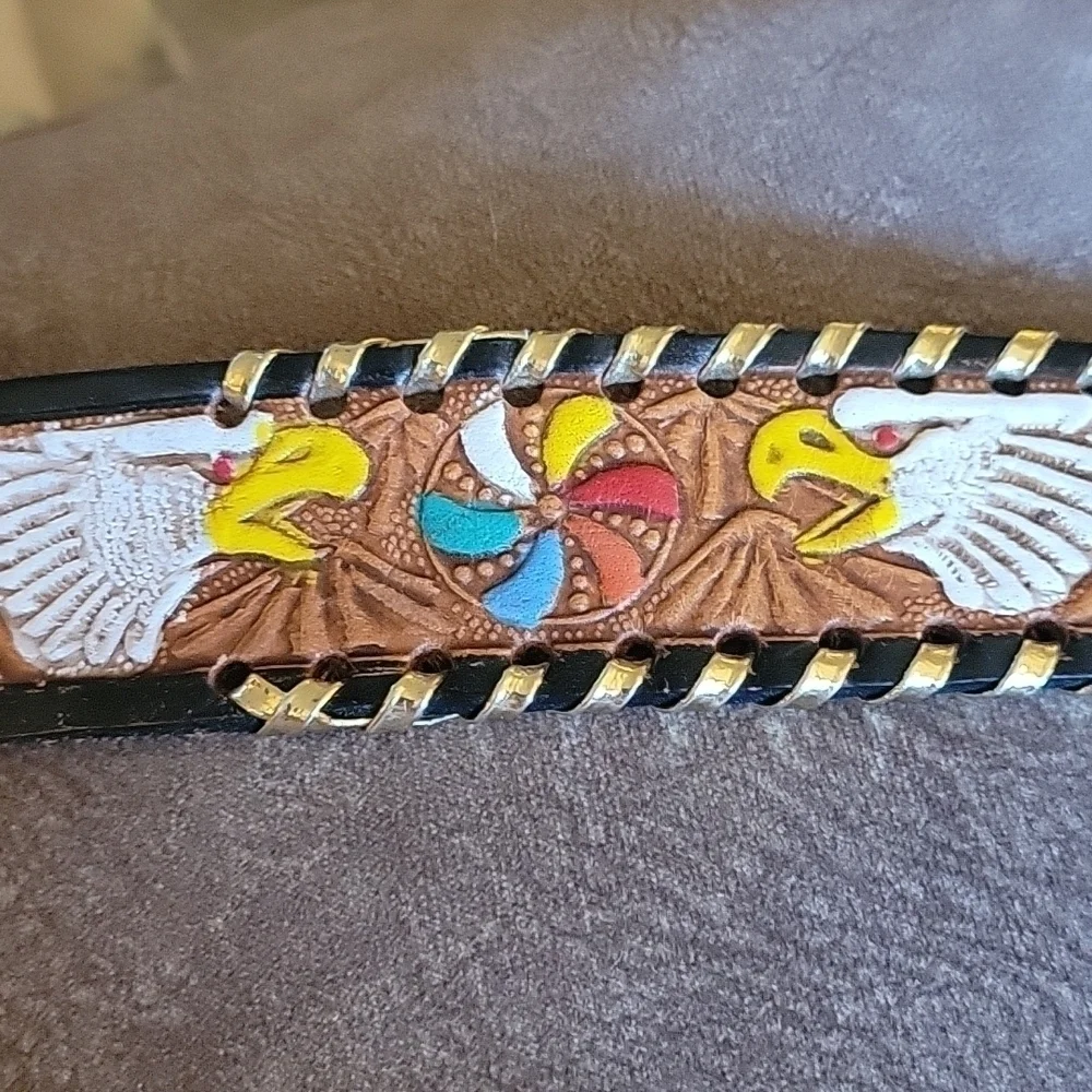 VTG 1970s Mexican Western Painted Eagle Pinwheel Leather NAME Belt Strap